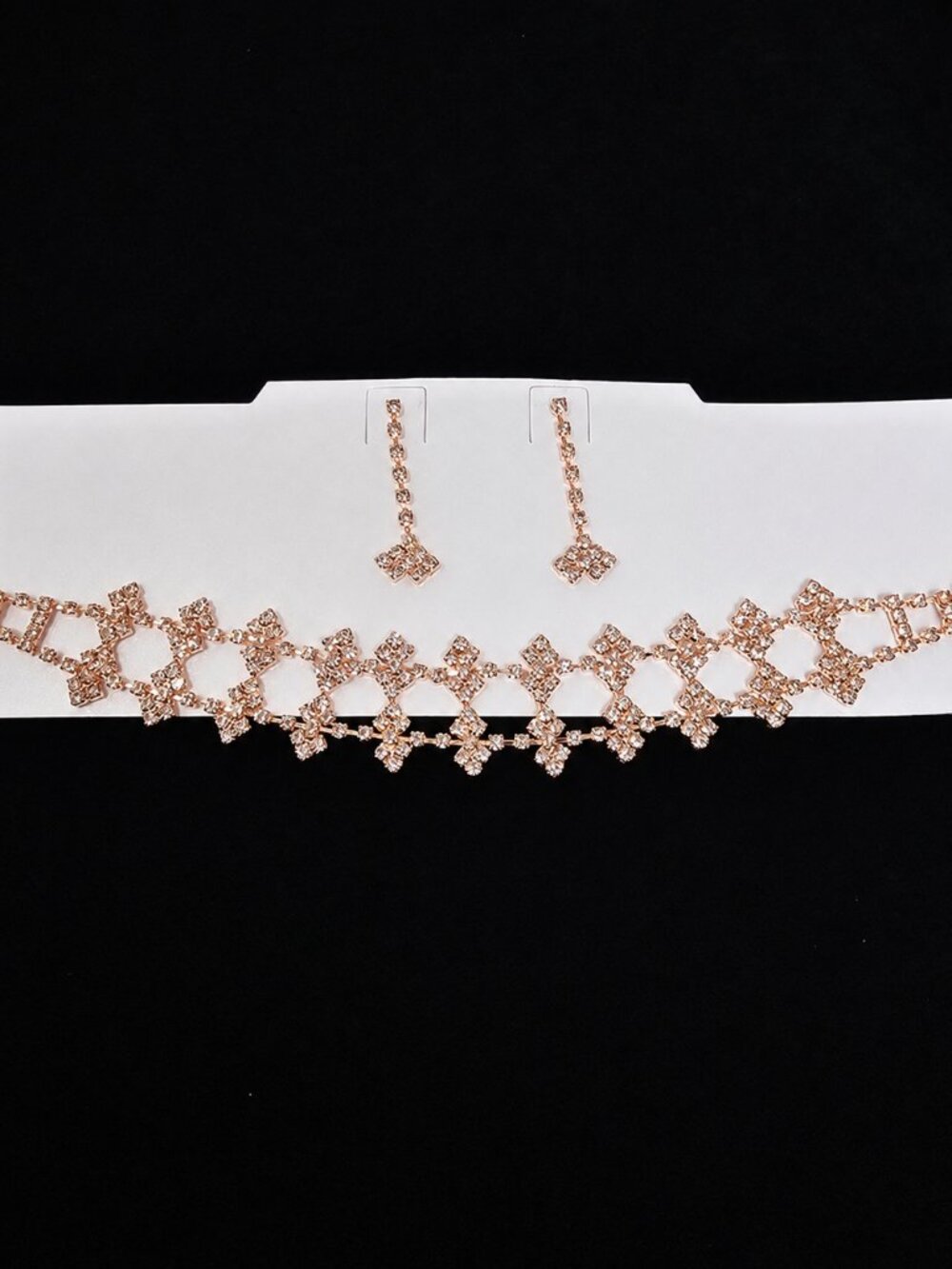 Rose Gold Rhinestone Choker Necklace & Drop Earring Set – Sparkly Bridal / Party